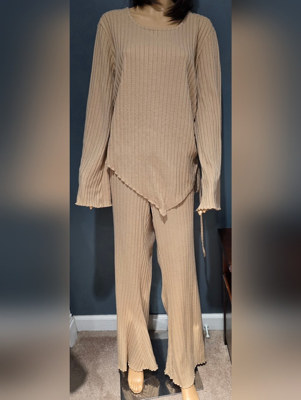 It's Brand Ribbed Knit Wide-Leg Pants Set in Beige Sz 2X